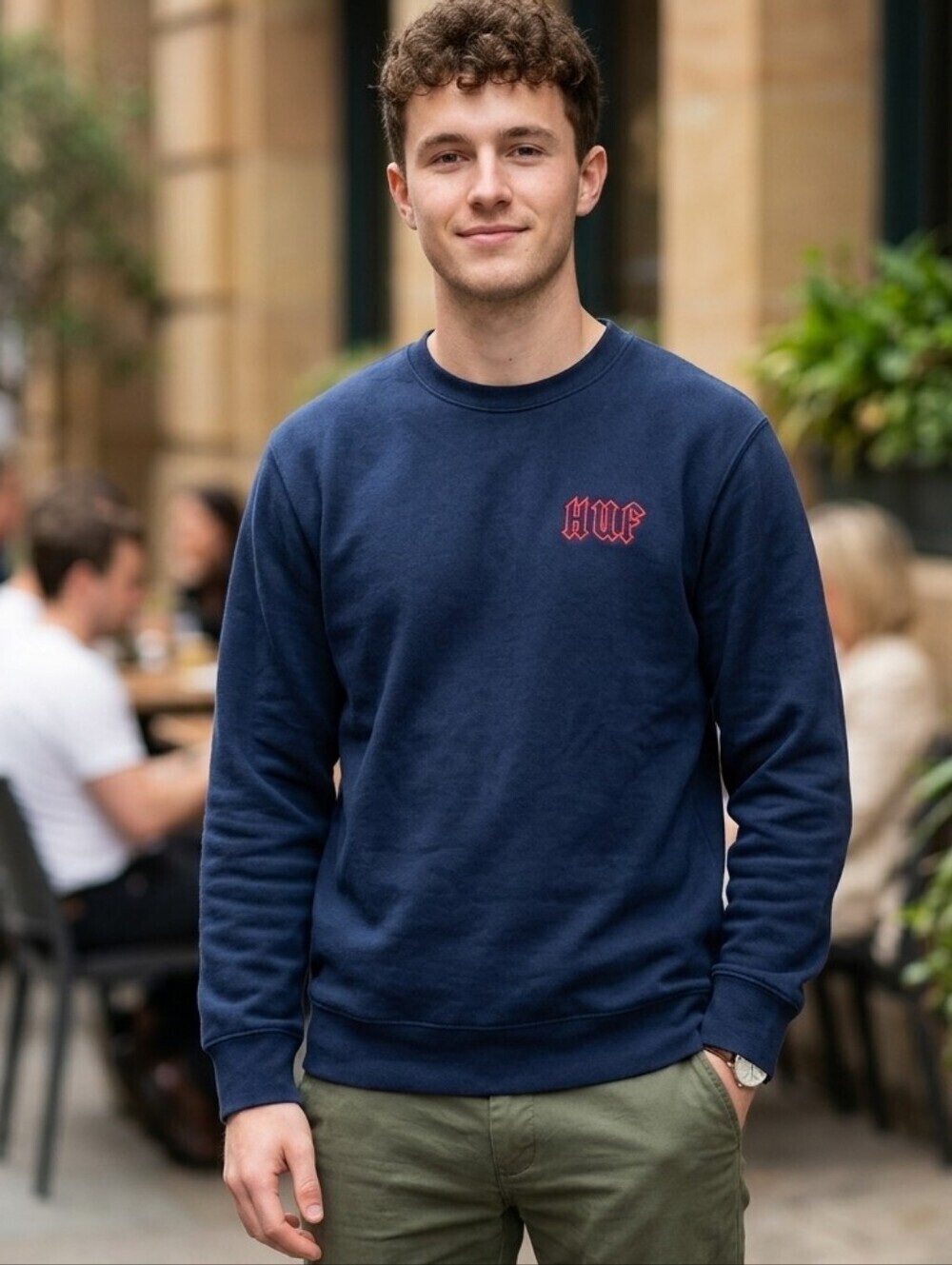 HUF Navy Crewneck Sweatshirt, HUF City Rockers Graphic, Size Large